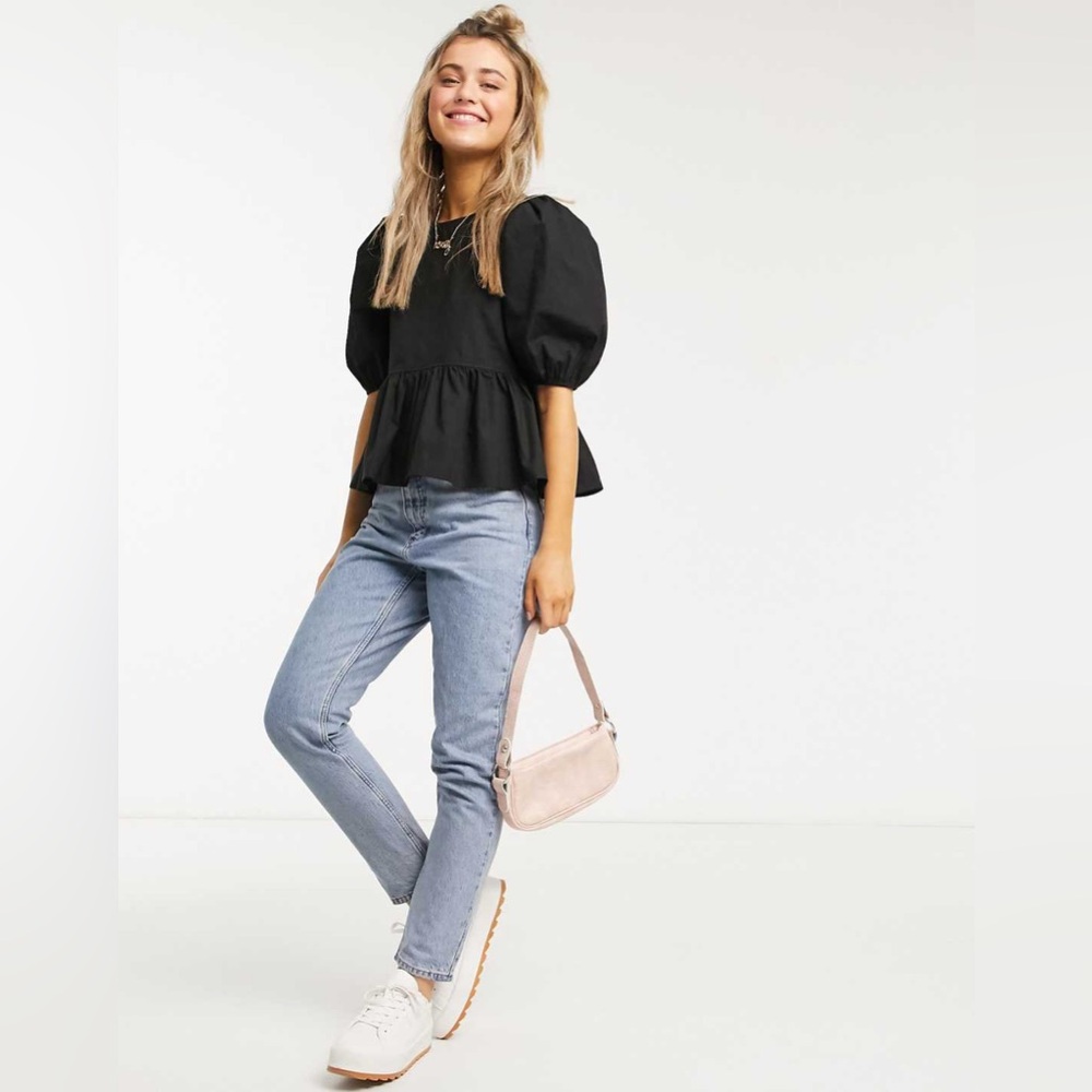 Monki ASOS Melina poplin organic cotton puff sleeve blouse in black Size XS